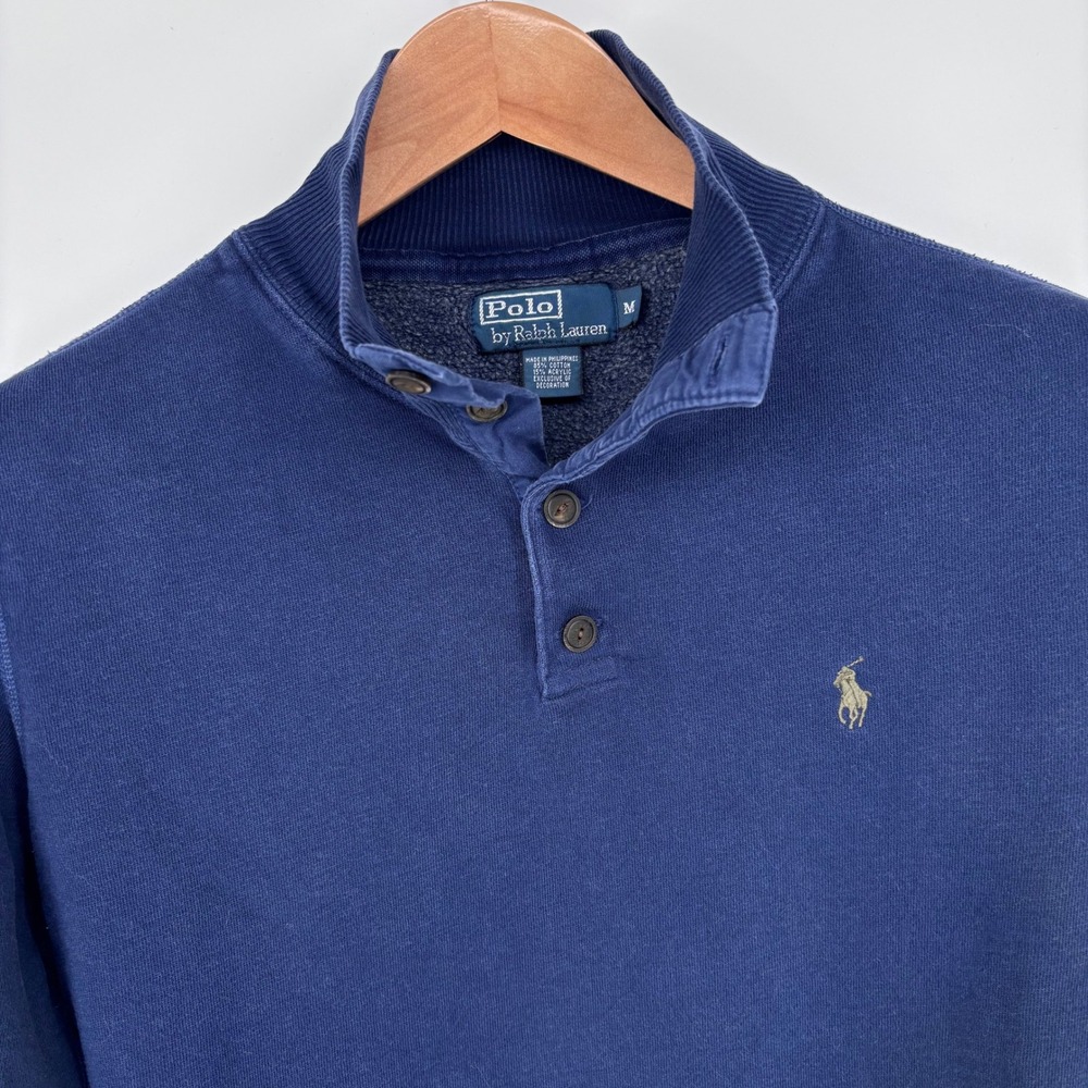 Vintage 90s Polo Ralph Lauren Henley Sweatshirt Mens M‎ Blue Distressed Faded